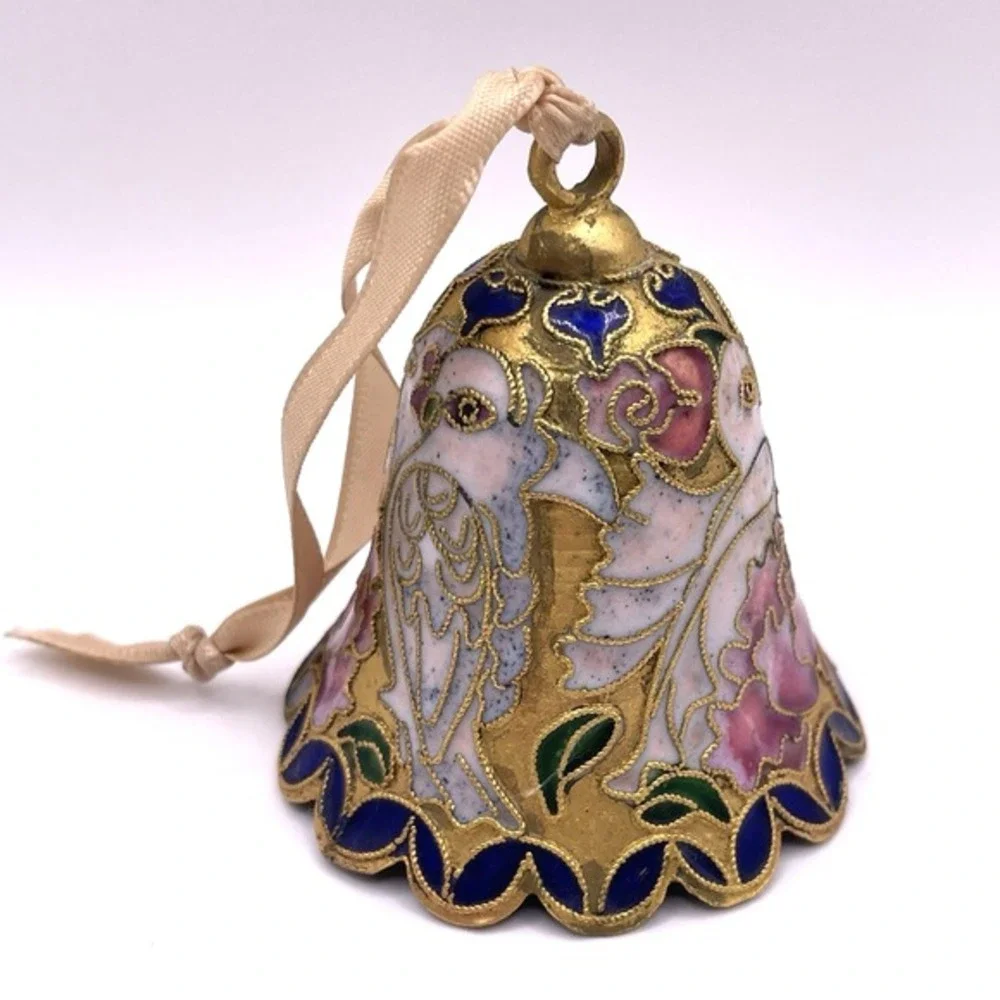 Antique Vintage Cloisonne Brass Enamel Bell Ornament Doves‎ Floral